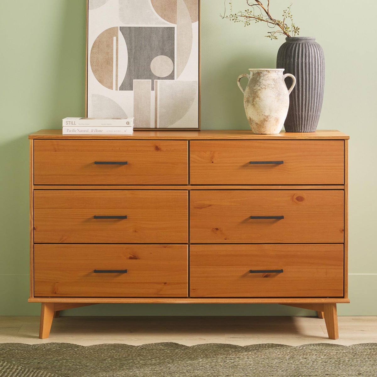 Walker Edison Sloane 6-Drawer Solid Wood Dresser with Metal Handles, 52 Inch, Caramel