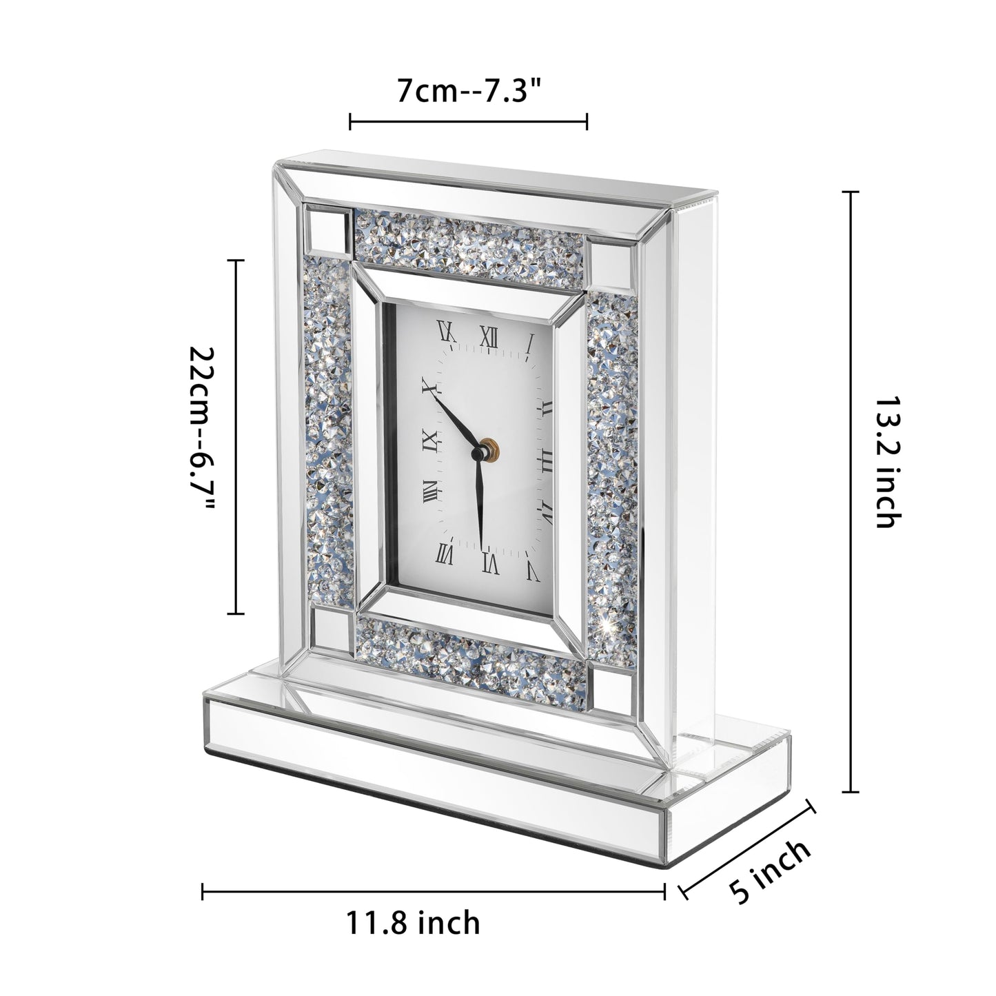 SHYFOY Mirrored Desk Clock with Crushed Diamond Inlay, 13" Decorative Table Clock, Silver Beveled Glass Mantel Clock, Non-Ticking Roman Numeral Tabletop Clock for Living Room Office Shelf Decor