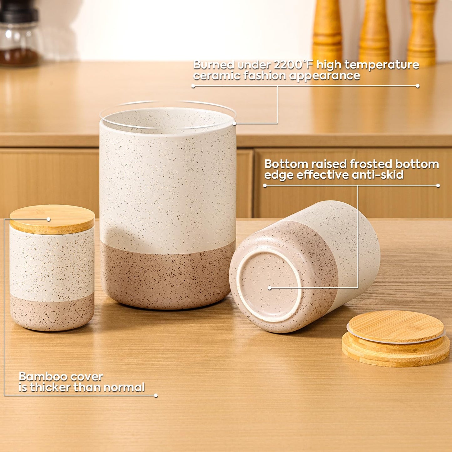 Yangbaga Canisters Sets for Kitchen Countertop-Set of 4 Ceramic Kitchen Canisters Food Storage Jar with Airtight Wood Lids & Spoons & Label,Large Flour and Sugar Containers for Serving Ground Coffee
