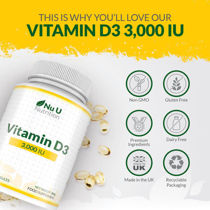 Vitamin D 3000IU - 365 Softgel Capsules - 1 Year Supply - Triple Strength Vitamin D3 Supplement - High Absorption Cholecalciferol - Gluten & Dairy Free by Nu U Nutrition