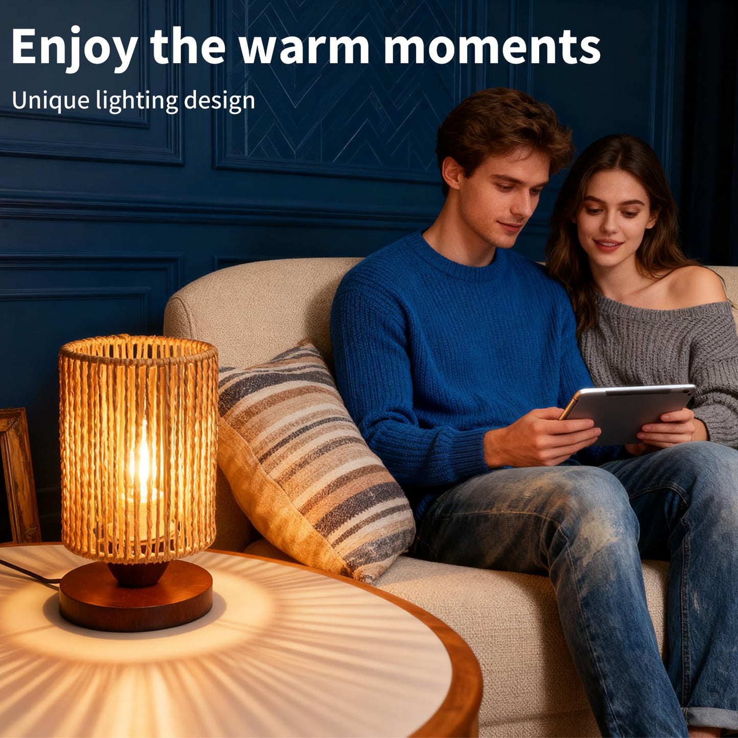 Handmade Rattan Lamp Boho Table Lamp for Bedroom, Small Woven Lamps for Night Stands with Warm White LED Bulb, Coastal Boho Lamp for Living Room Reading Nook Office Desk, 12cm Shade 20cm Height