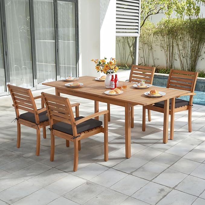 OC Orange-Casual Stackable Patio Dining Chairs Set of 4, Outdoor Acacia Wooden Chairs w/Armrest & Removeable Fabric Cushion, for Porch, Backyard, Garden, Indoor, Dark Grey