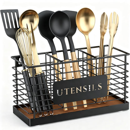THYGIFTREE Utensil Holder for Kitchen Counter Large Black Metal Cooking Utensil Organizer 3 Compartments for Countertop Kitchen Tool Spatula Holder Wood Base