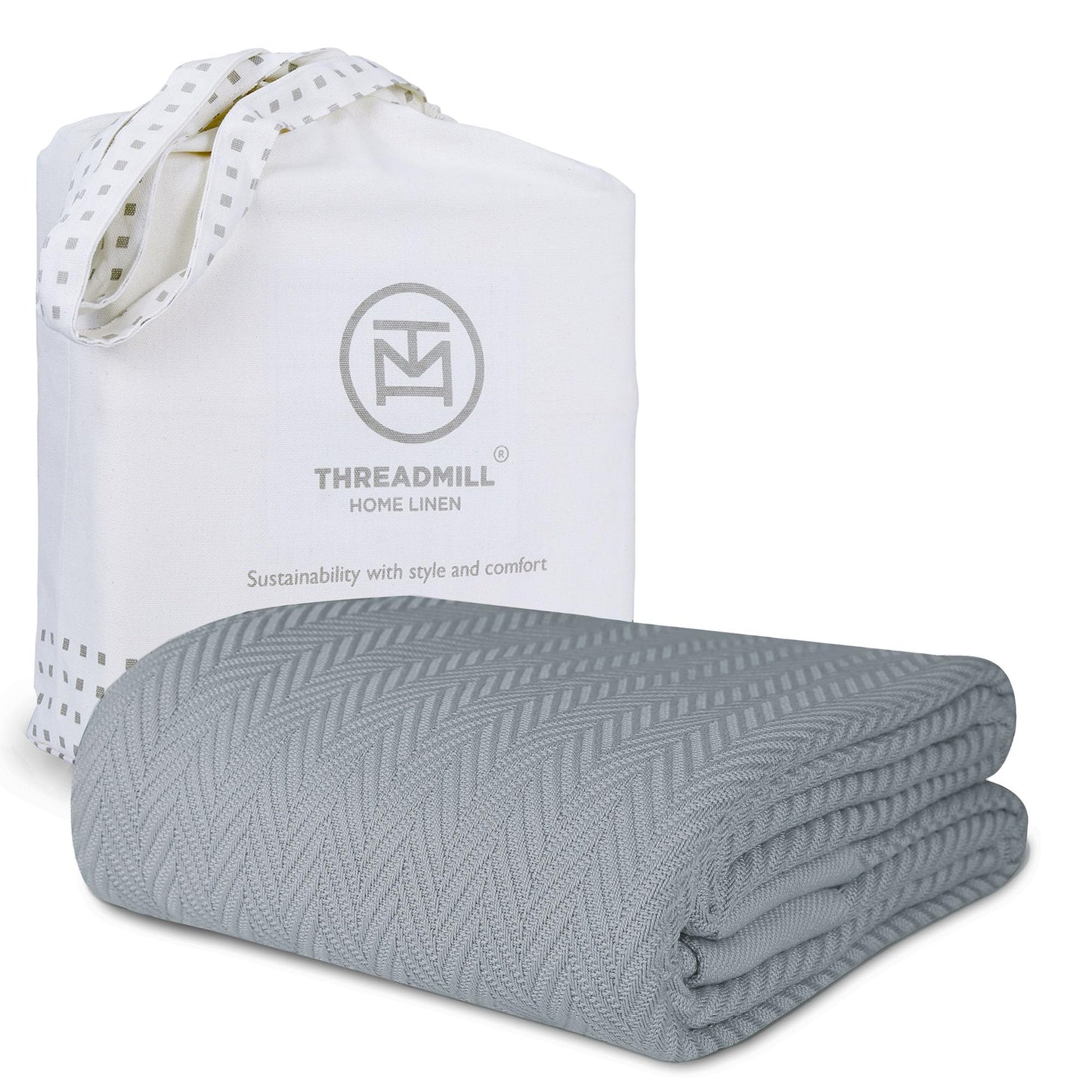 Threadmill Luxury Cotton Blankets for Queen Size Bed | All-Season 100% Cotton Queen Size Blanket | Herringbone Cozy, Soft Breathable Fall Thermal Blanket fits Full Size Bed | Scottish Grey