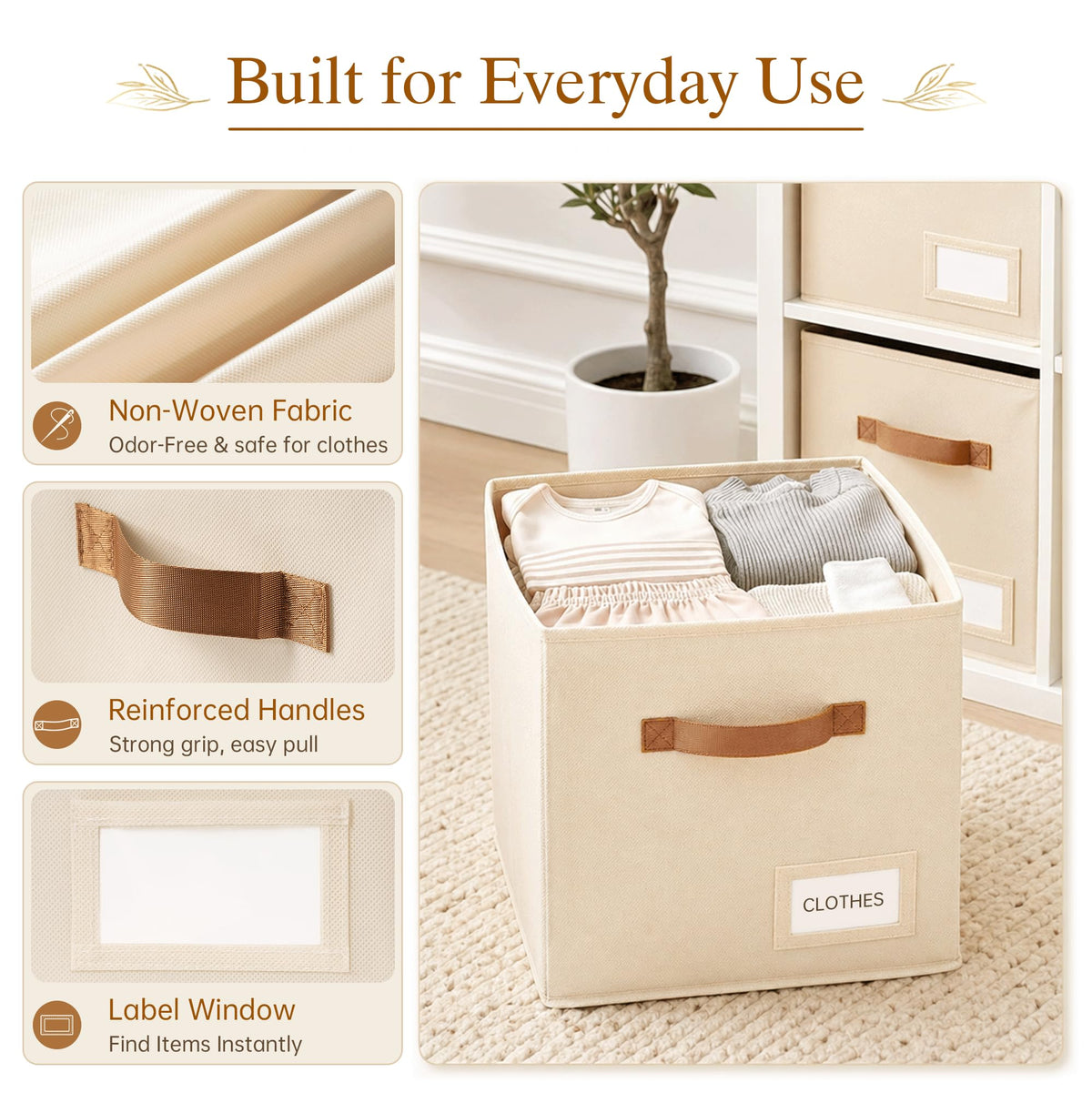 Stowsia Storage Cubes 8 Pack, 11 Inch Fabric Storage Cubes Organizer Bins with Labels, Odor-Free & Sturdy PP Structure, Cubby Baskets for Closet, Shelves, Toys & Nursery (Beige)
