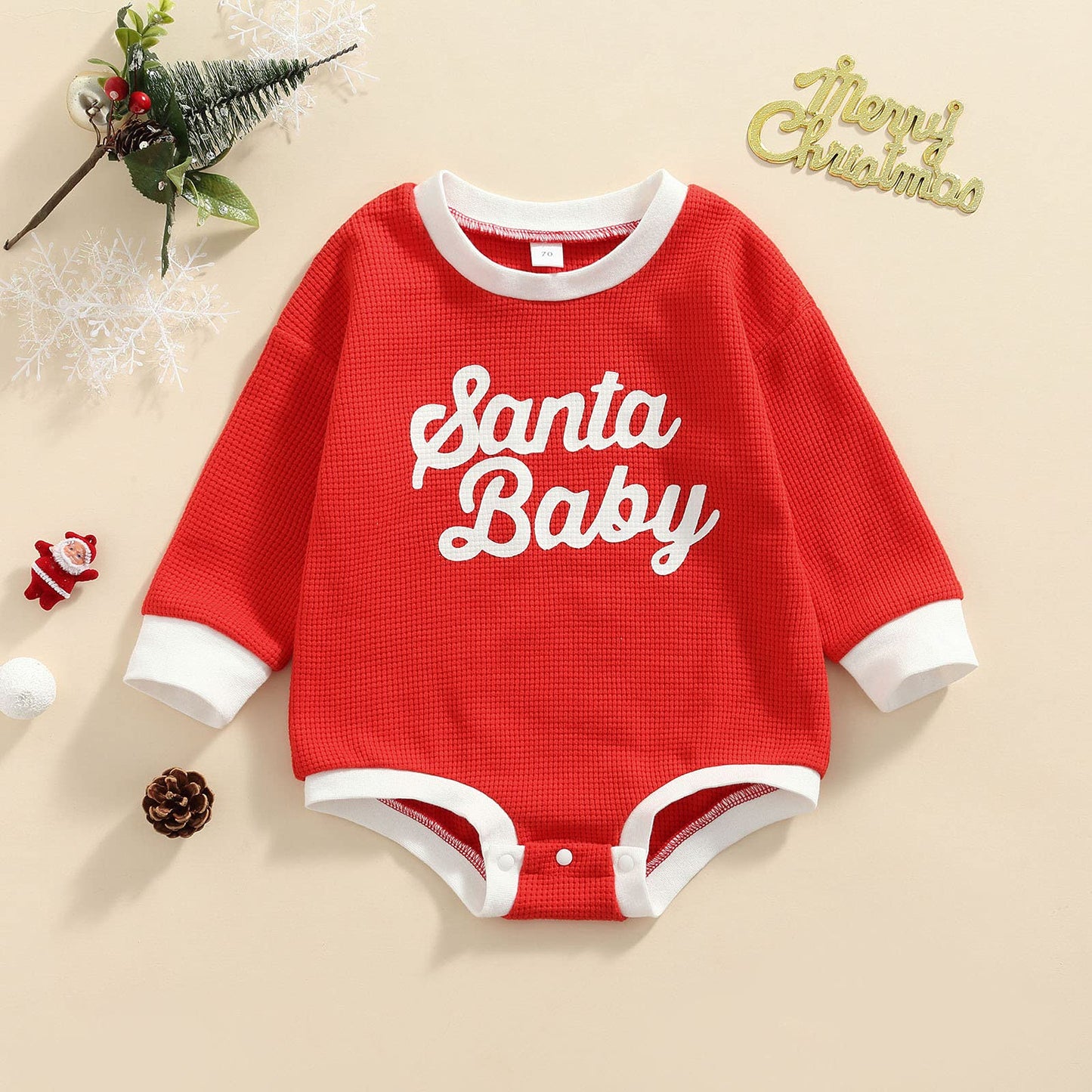 Baby Girl Boy Christmas Sweater Outfit Santa Baby Crewneck Sweatshirt Romper Long Sleeve Oversized Waffle Knit Onesie Pullover Top (A Waffle Knitted Santa Red,0-6 Months)