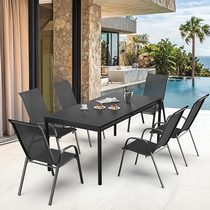VINGLI Patio Chairs Set of 2 – Stackable Outdoor Dining Chairs with Comfortable Sling High Back Chairs and Armrests for Lawn, Poolside, Courtyard, Balcony, Garden, Black