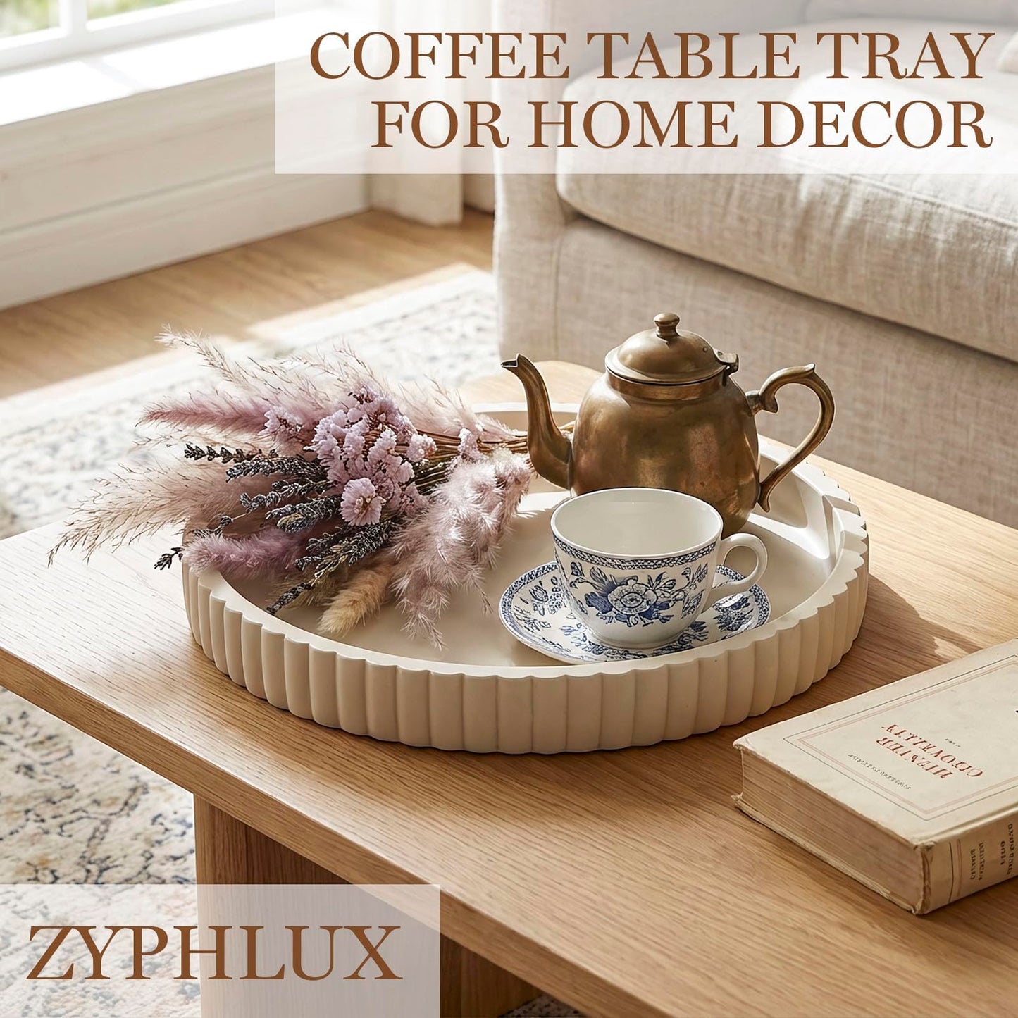 Zyphlux Round Decorative Trays & Coffee Table Tray, 11 Inch Fluted Coffee Table Centerpiece Decor, No Slip Modern Circle Concrete Organizer for Living Room, Console, Kitchen Island, Dresser