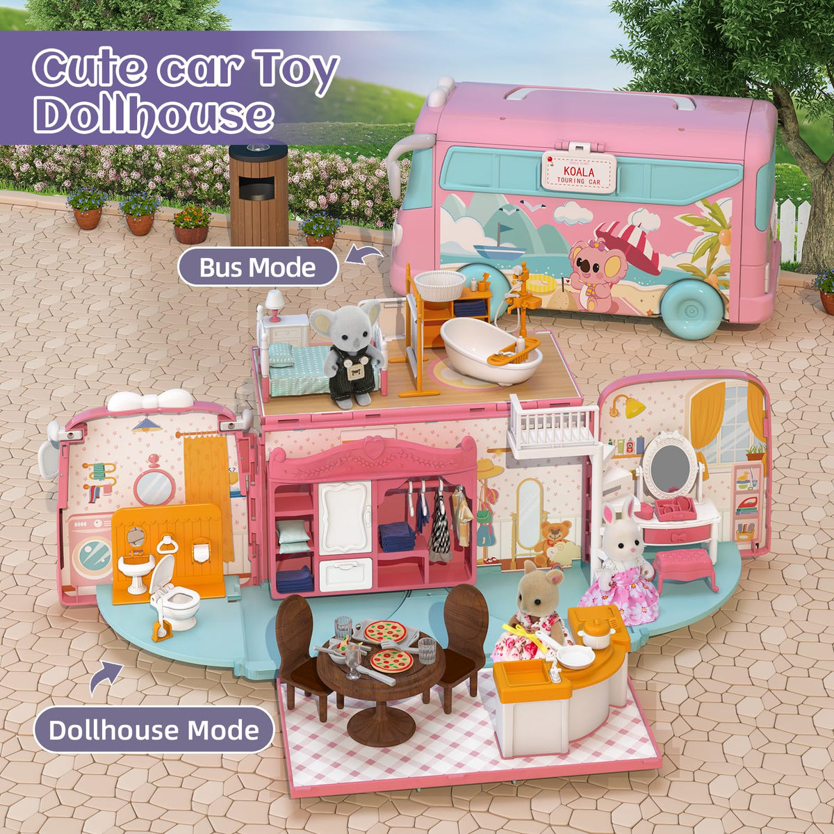 MITCIEN Dollhouse Playset, DIY Pretend Portable Caravan Camper Bus Toy Kit with Little Critters Bunny Dolls Mini Cottage House Set Camping Family Toys for Toddler 3 4 5 6 Year Old Girl