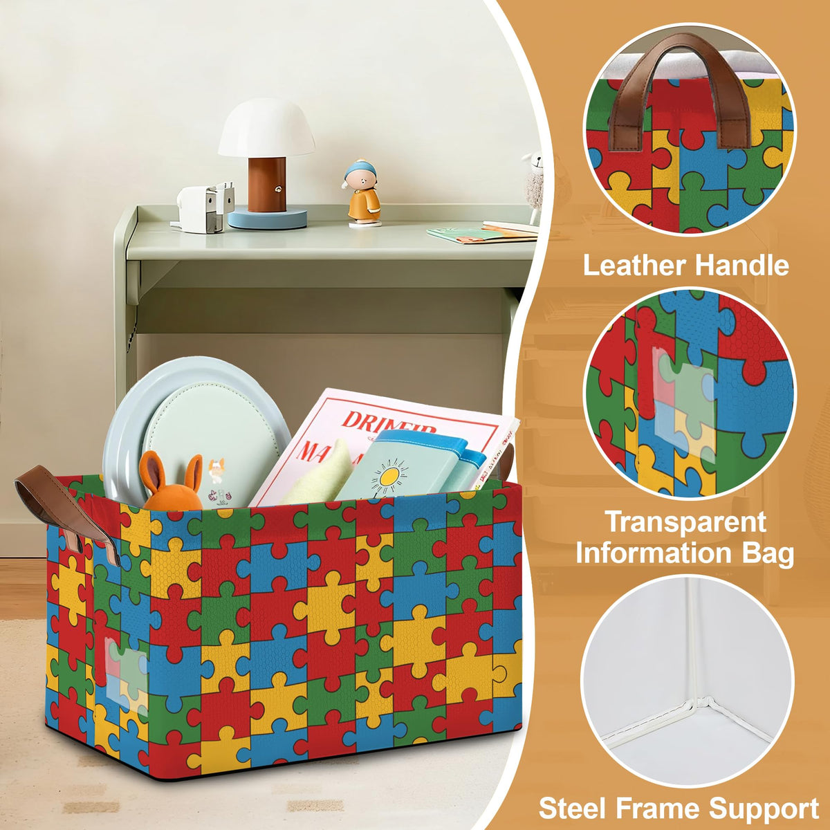 Oeaskly Storage Bins with Handles, Oxford Cloth Storage Basket with Sturdy Frame, Jigsaw Collapsible Organizer for Closet, Shelf, Clothes, Towels, Home Storage