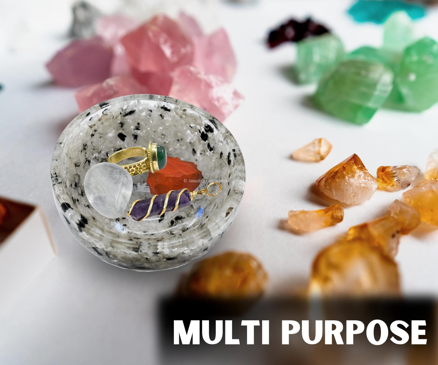 Amazing Gemstone Rainbow Moonstone Orgonite Orgone Crystal Gemstone Bowl - 3" Orgonite Rainbow Moonstone Crystal Bowl for Meditation, Crystals and Healing Stones Gift and Protection