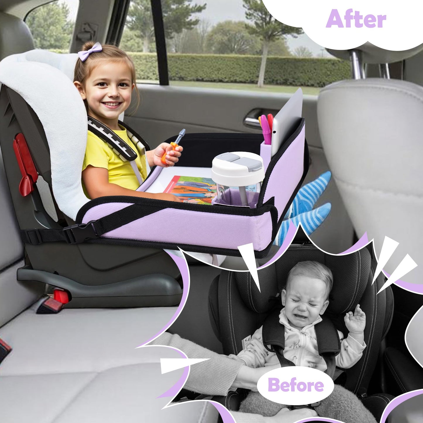 AZAMIA Kids Travel Tray for Toddler Carseat, Road Trip Activities Essentials for Toddler, Kids Lap Desk Tray with Tablet Holder Stand ＆ Dry Erase Board (Purple)