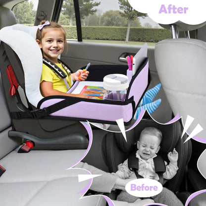 AZAMIA Kids Travel Tray for Toddler Carseat, Road Trip Activities Essentials for Toddler, Kids Lap Desk Tray with Tablet Holder Stand ＆ Dry Erase Board (Purple)