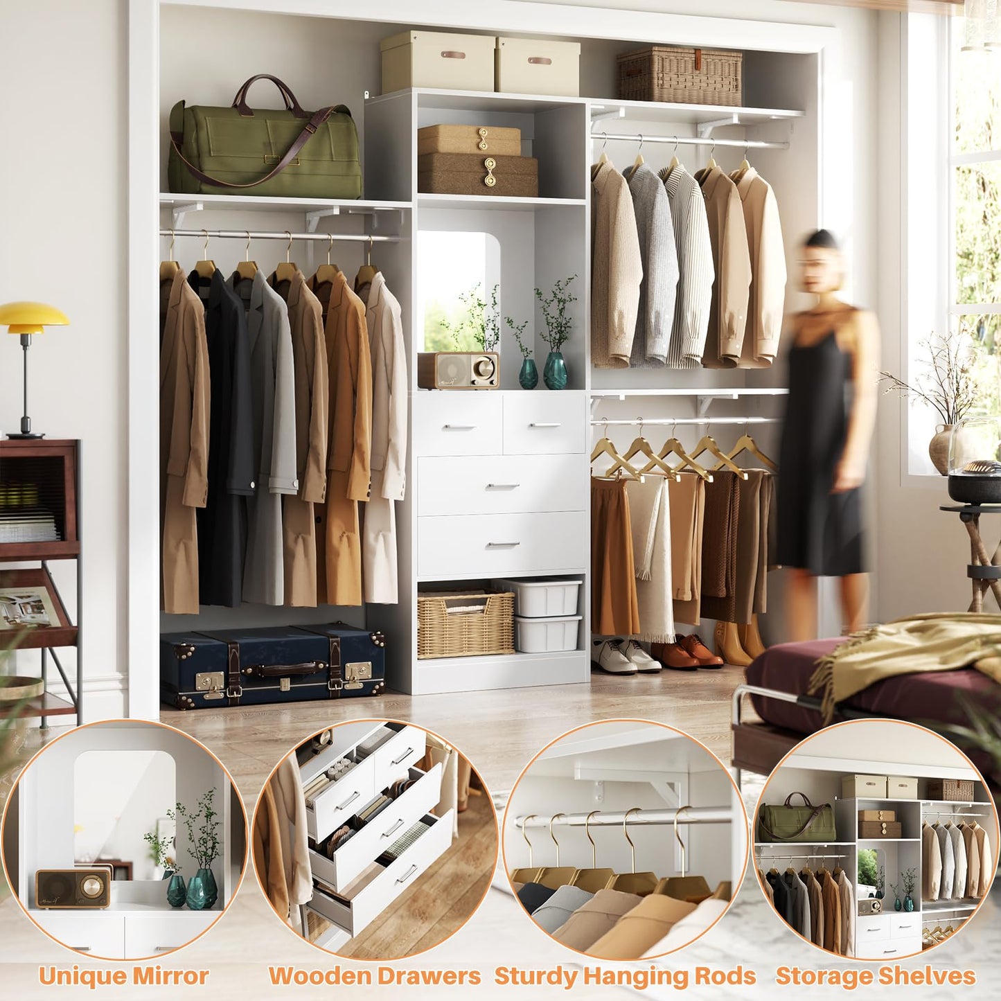 Unikito 8FT Closet System with 4 Drawers, 96" Wood Closet Organizer with Mirror and Hanging Rods, Sturdy Walk in Wardrobe Closet Insert with Tower, 96" W x 16" D x 80" H (Can Be Cut To Fit), White
