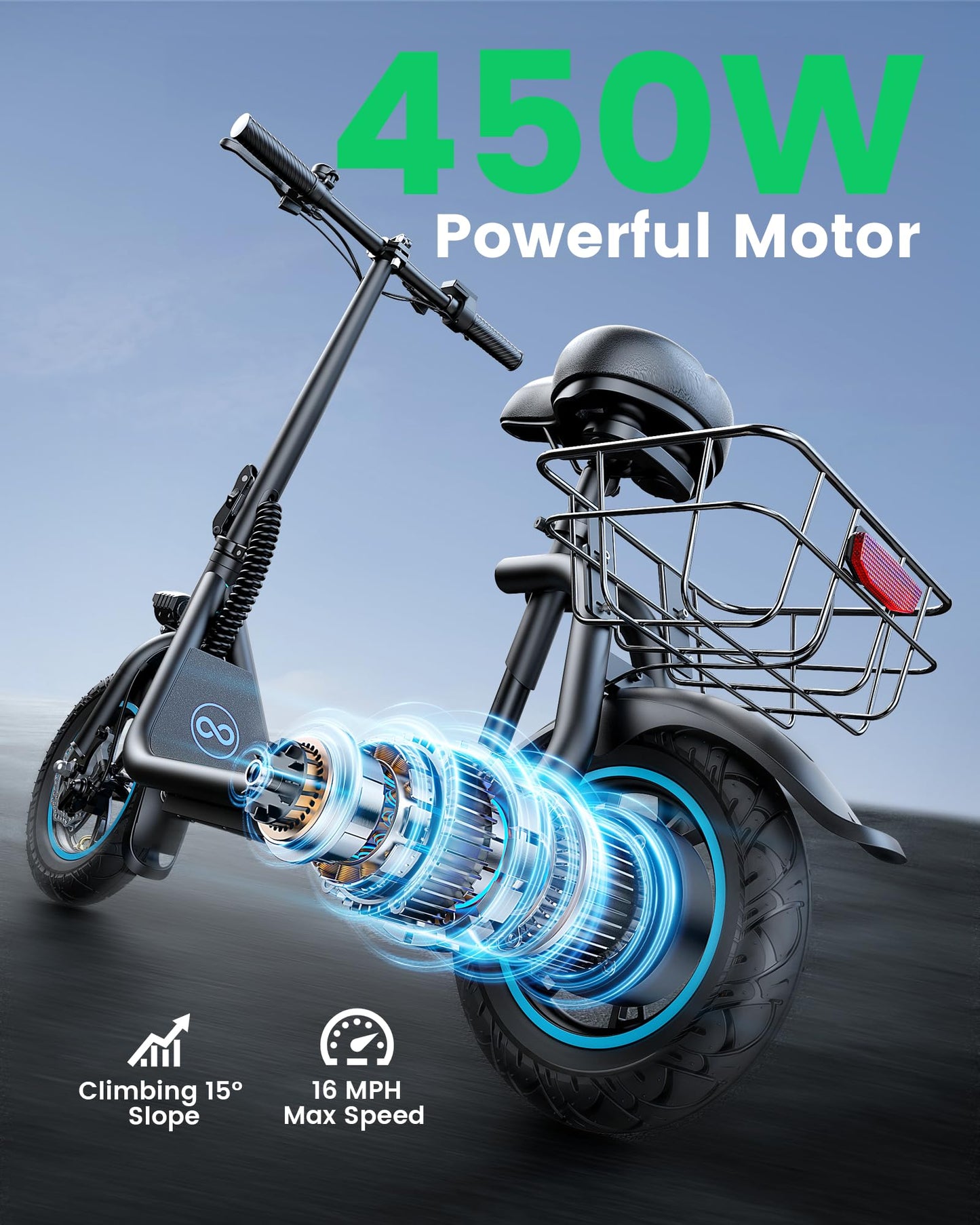 AWWSCOOTER C1 Electric Scooter with Seat for Adults, 450W Motor, 20-Mile Range, 16MPH, Foldable Commuter E-Scooter with Basket for Grocery, Pets, and Daily Commute– Matte Black