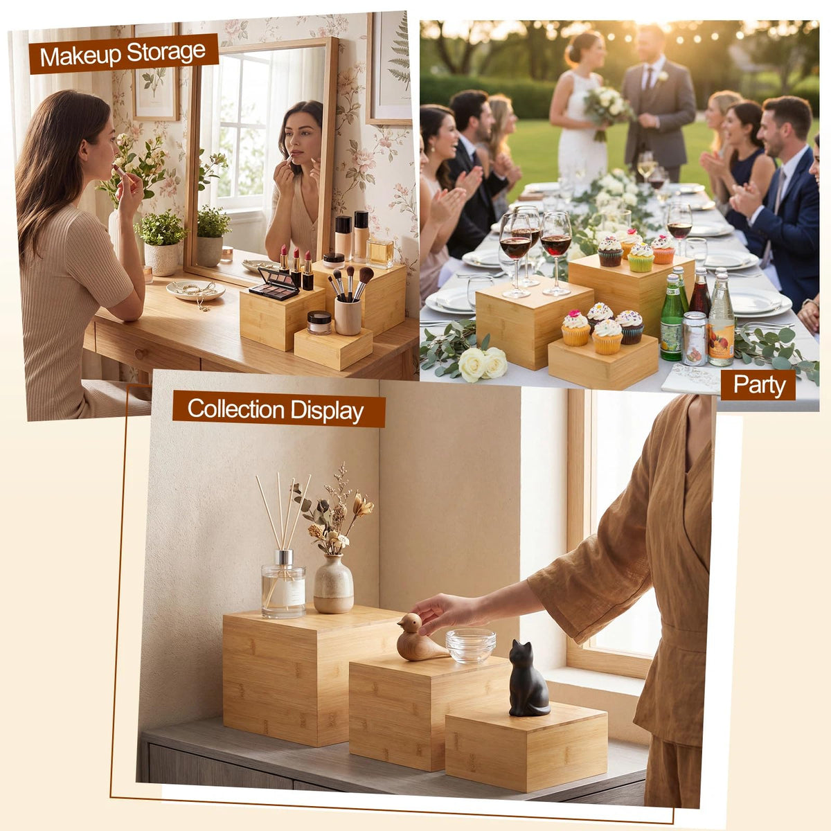 Fiwochic 3 Pcs Bamboo Buffet Risers, 6'' 7'' 8'', Large Food Risers for Buffet Table, Cake Display Stand Cube Box for Wedding Party Catering Dessert Jewelry Home Decor