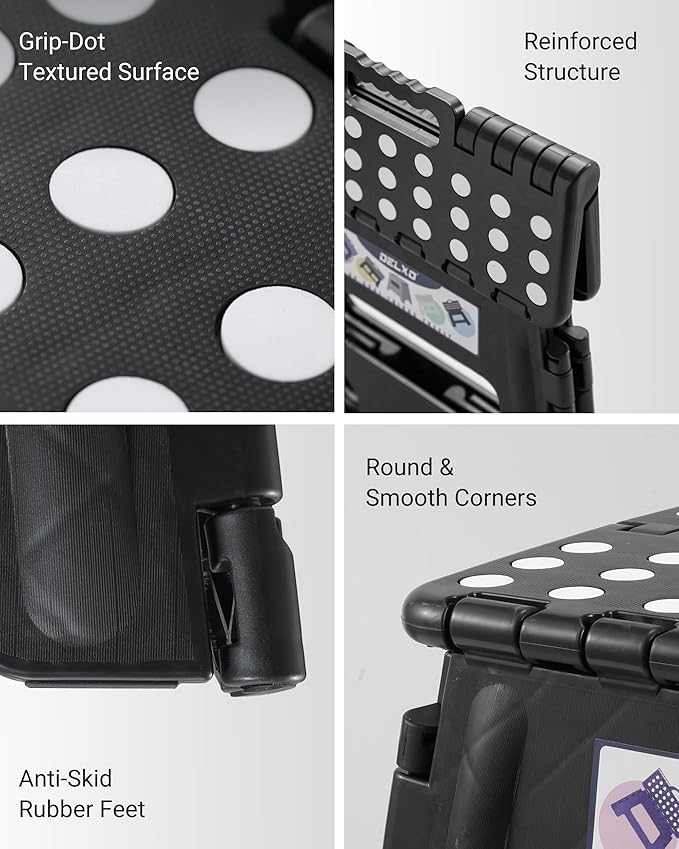 Delxo Folding Step Stool, 13 inch Non-Slip Foldable Stools Up to 300 LBS, Step Stool with Handle, Lightweight for Kitchen, Bathroom, Bedroom, Garden, Black, 1PC