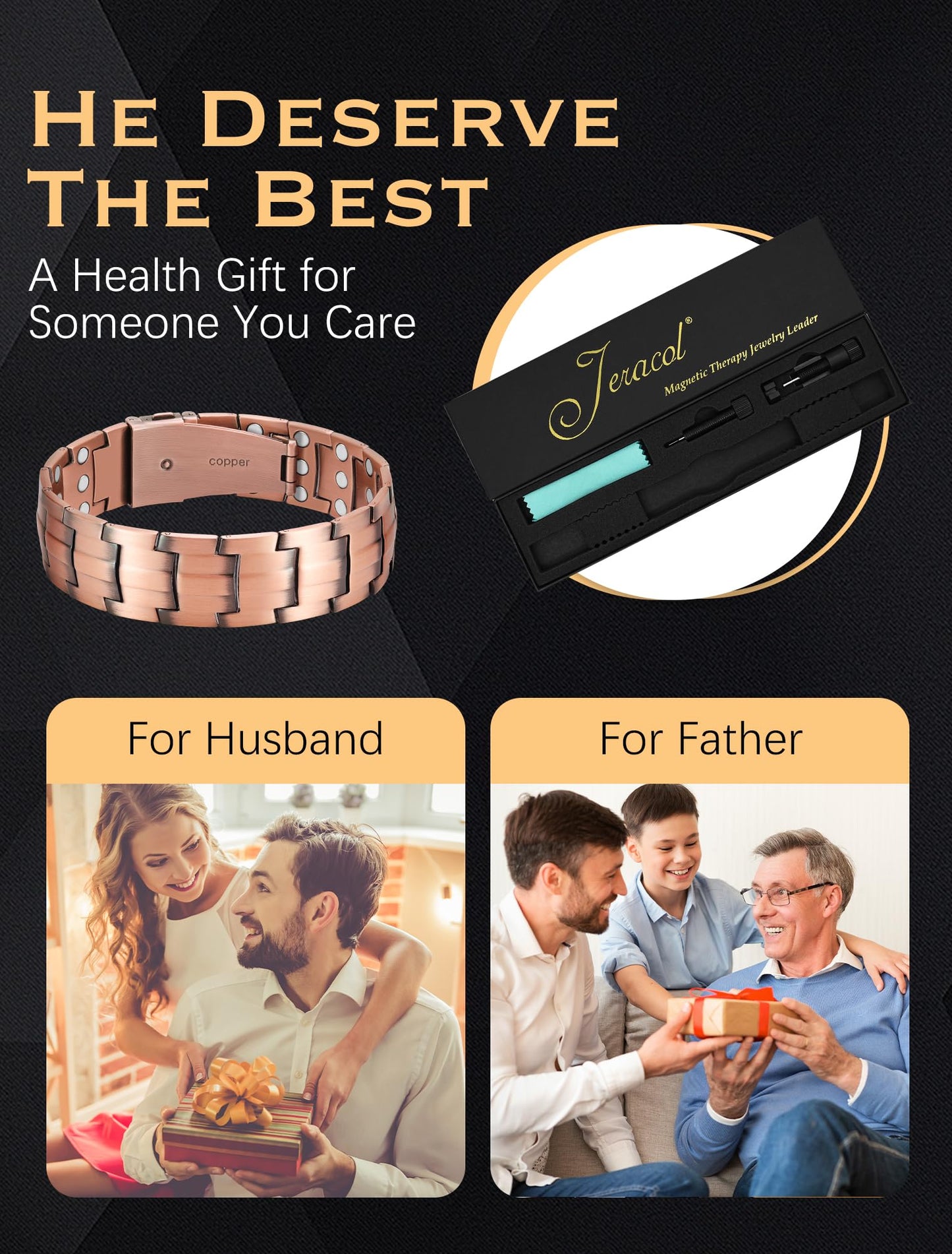 Jeracol 99.99% Soild Copper Bracelets for Men,3X Ultra Strength Magnets(3500 Gauss) Magnetic Bracelets,Magnetic Wristband for Anniversary,Adjustable Size&Jewelry Gift Box