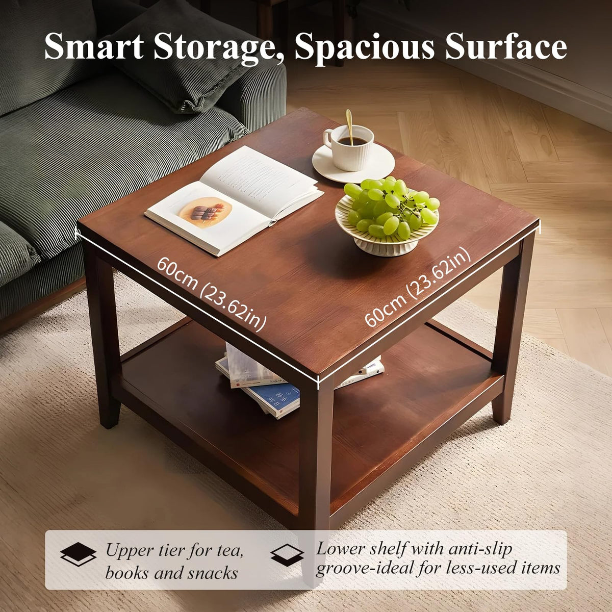 Cttasty Side Table, Solid Wood Square End Table with Storage Shelf, 2-Tier Coffee Table for Living Room, Rubber Wood Small Sofa Table, Nightstand 23.62 H x 23.62 W x 23.62 D Inches (Walnut)