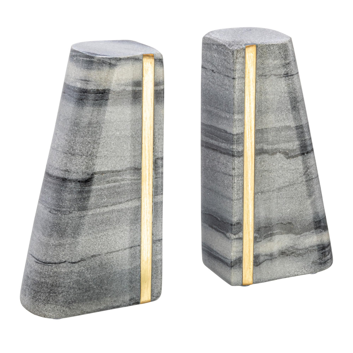 Main + Mesa Modern Marble Bookends with Brass Detail, Set of 2, Grey
