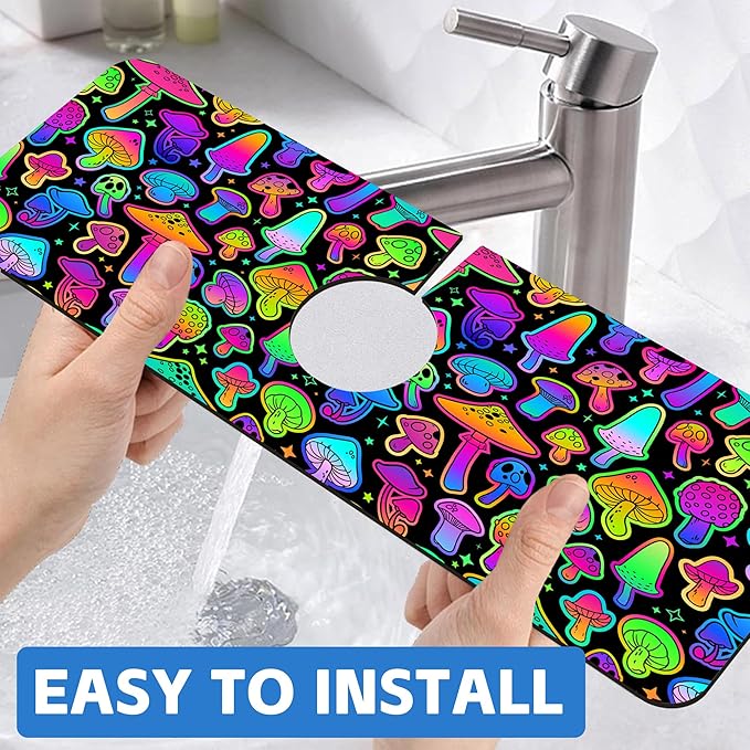 Bright Neon Mushroom Kitchen Sink Splash Guard Absorbent Fast Drying Mat Faucet