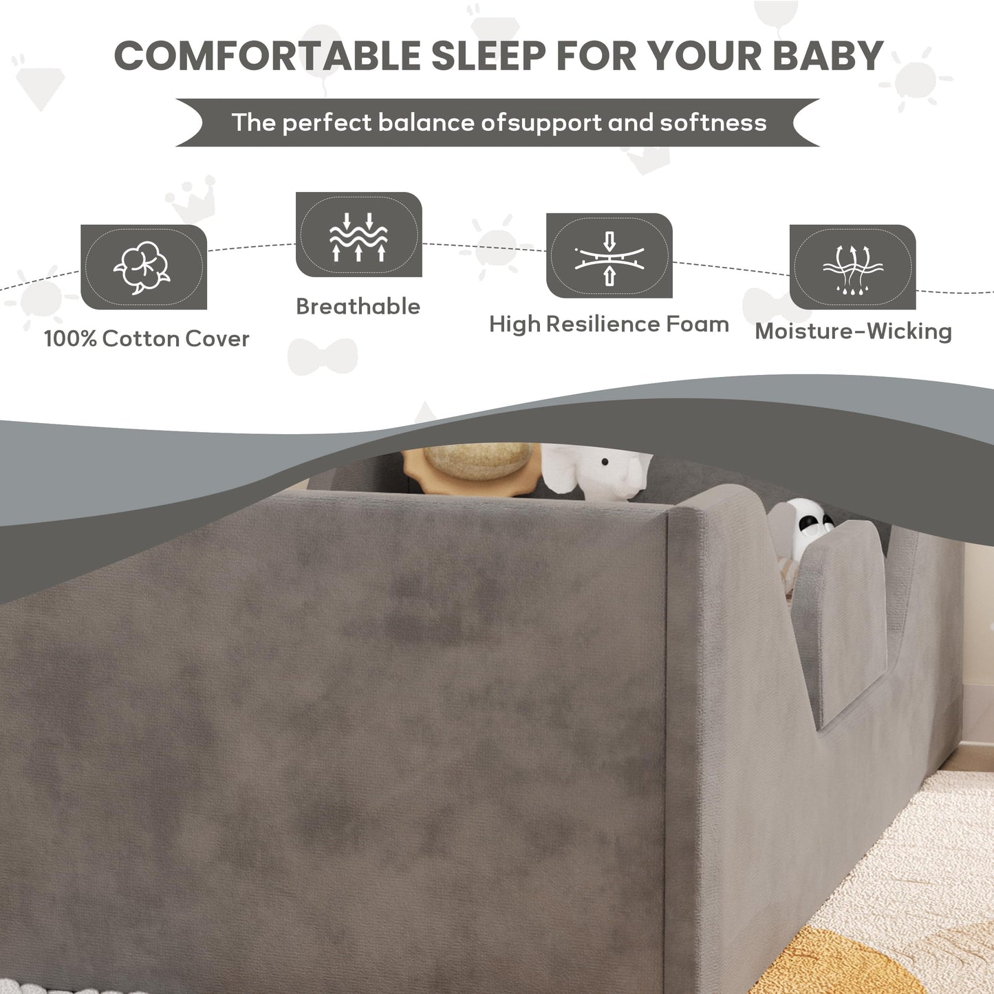 SOFTLYNICE Toddler Bed, Toddler Floor Bed Frame with Guard Rails, Small Bed for Kids Boys and Girls Aged 2-6 Years, Standard Crib Mattress Toddler Beds, Certified Fabric Toddler Beds(Big Gray)