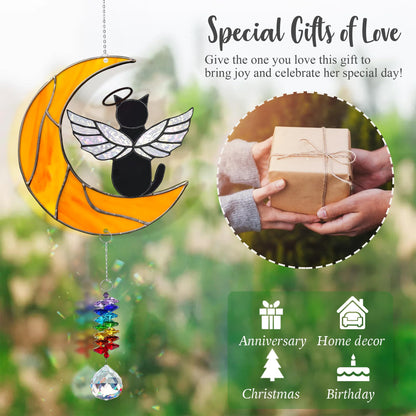 MALFIRST Black Cat Memorial Suncatcher, Angel Cat Ornament, Acrylic Suncatcher for Pet Loss Sympathy Gift, Cats Remembrance Gifts & Kitty Passing Away Gift, in Memory of Cats Window Decor