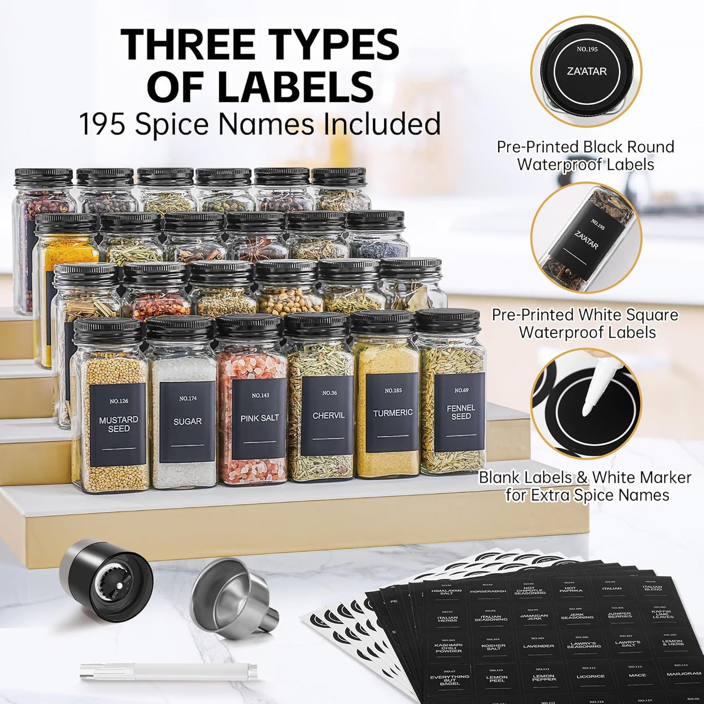 Spice Jars, 24 Pcs 4oz Seasoning Jars with Label, Glass Jars with Shaker Lids, Spice Containers Bottles with Pepper Grinder & Stainless Steel Funnel for Seasoning Organizer, Cabinet, Drawer
