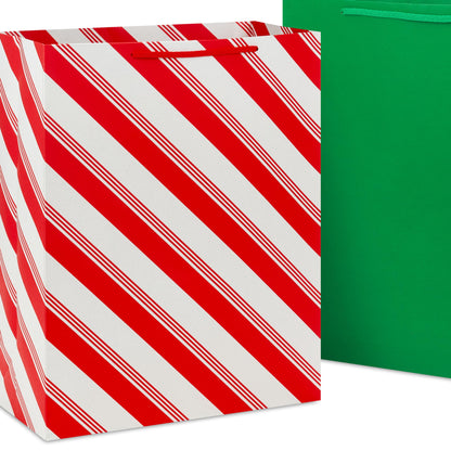 Hallmark Red, Green and White Bulk Gift Bags Assortment (12 Bags: 5 Medium 9", 4 Large 13", 3 Extra Large 15") Stripes, Polka Dots, Solids for Christmas, Birthdays, Holidays