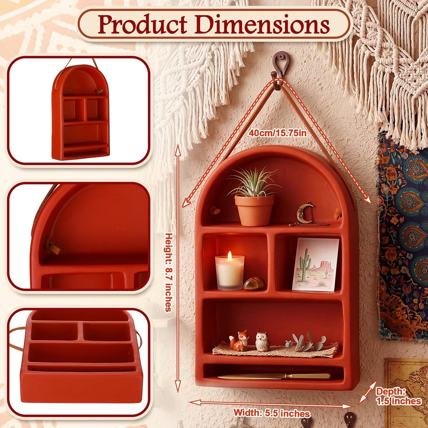 Ferrochef Nordic Arch Shelf 5.5 x 8.7 Inch Ceramic Arched Wall Cabinet Floating Wall Shelves with Hanging Rope for Miniature Display and Trinket Storage Shrine Home Decor(Terra Cotta)
