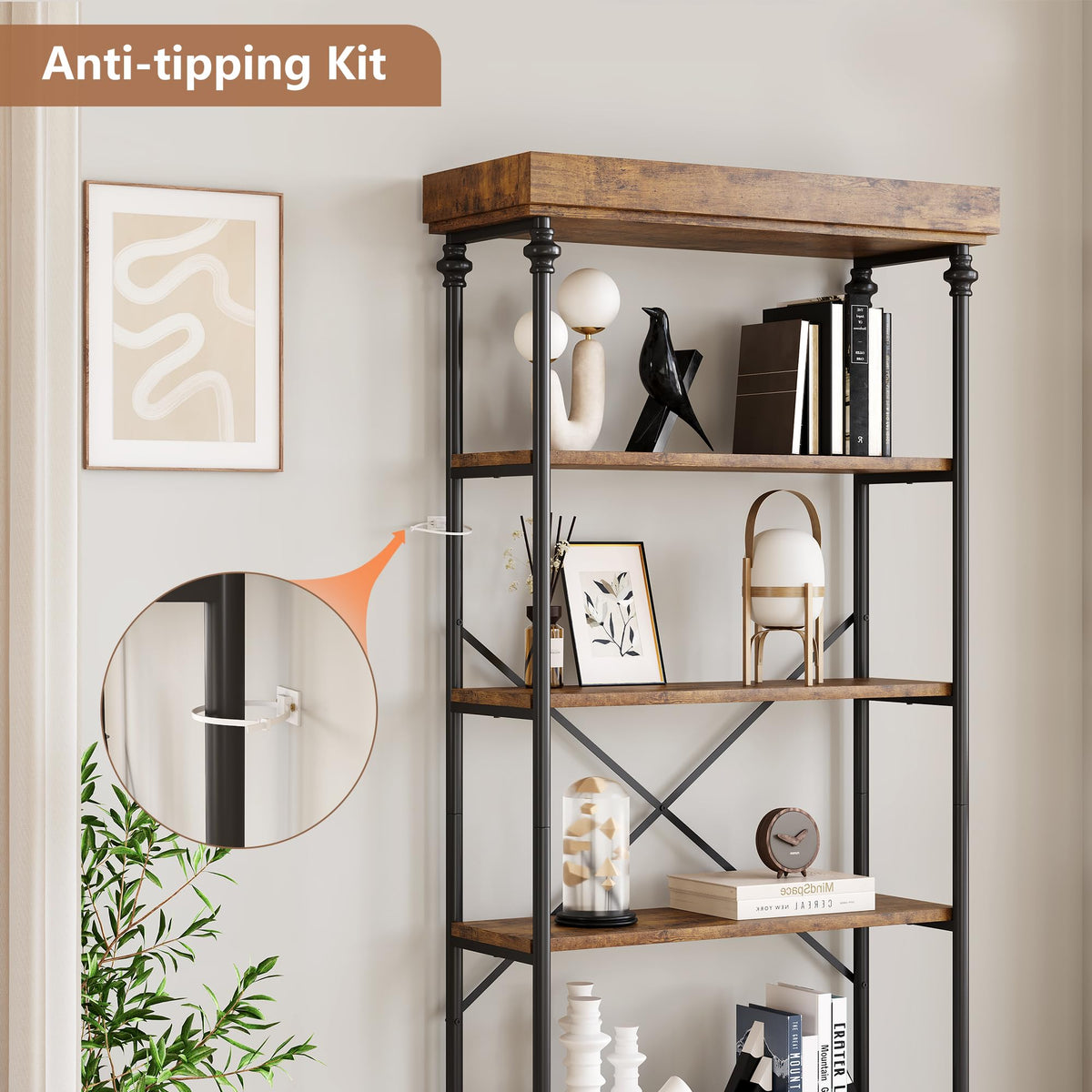 GarveeHome 6 Tier Bookshelf Industrial Bookcase Wood Tall Standing Bookshelves Wood Vintage Display Rack Rustic Bookshelf