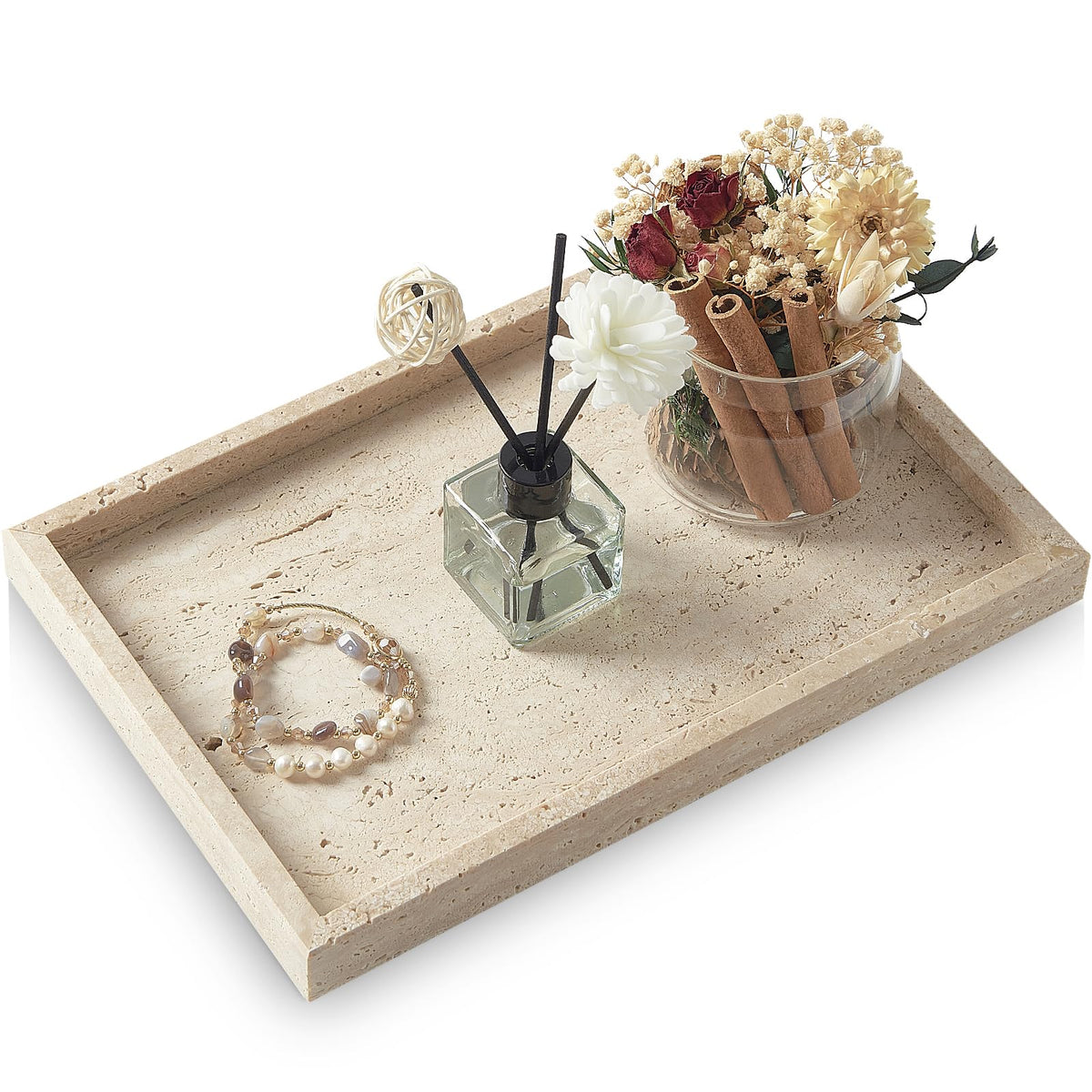 MULWR Travertine Tray,Bathroom Vanity Tray Non-Ceramic/Non-Resin,Marble Perfume Decorative Tray 12 x 8 inch (Travertine)