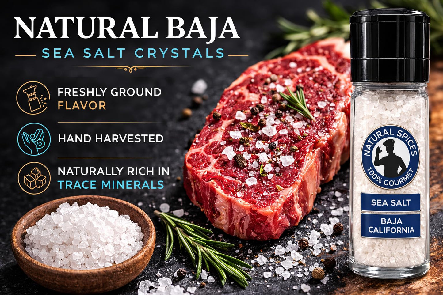 100% Gourmet Baja California Sea Salt Grinder (6 oz) – Pacific Ocean Mineral Salt – Natural & Unrefined – Coarse Sea Salt for Cooking, Seafood & Finishing – Refillable Glass Grinder