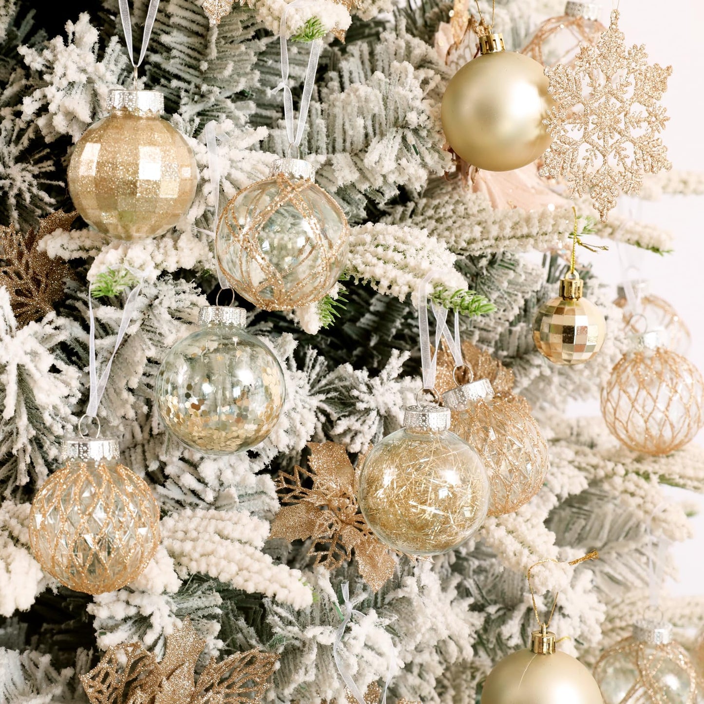 CristBest 30ct Christmas Ball Ornaments-60mm/2.36" Shatterproof Clear Plastic Xmas Balls Baubles Set with Stuffed Delicate Sparkling, Hanging Christmas Tree Decorations (Champagne Gold)