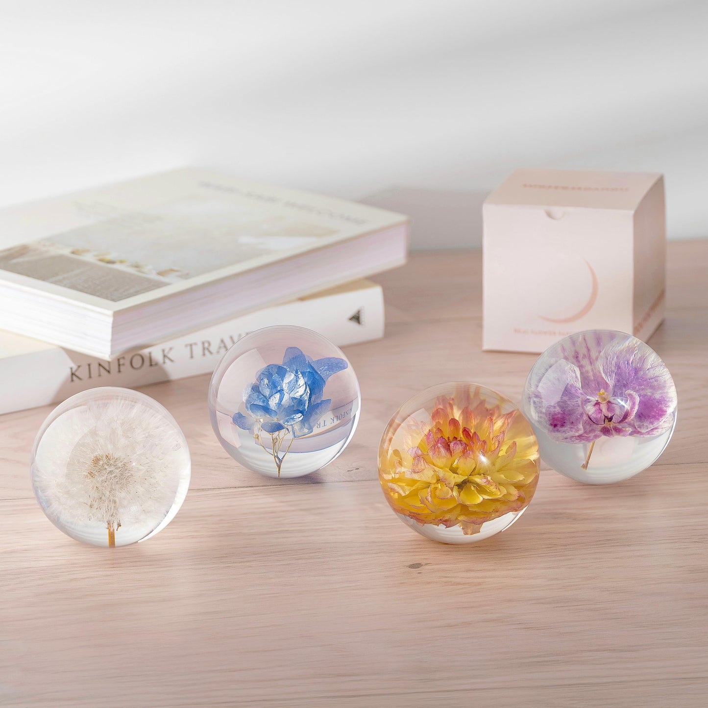 NouvoCrescent Real Dandelion Paperweight - Home Decor Crystal Resin Ball 3.14in (80mm) - Clear Resin Dandelion Flower Globe for Special Days - Sphere Figurine Office Paperweight w/Flat Bottom