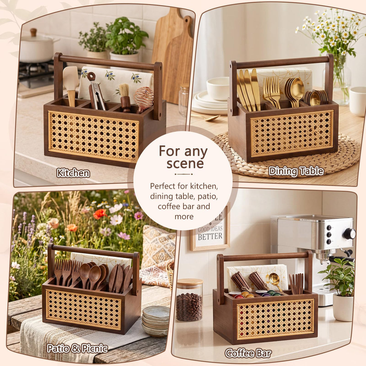 Mifoci Wooden Silverware Caddy with Handle, Wicker Utensil Holder Countertop Cutlery Caddy for Spoons Forks Knives Napkins Plates, Multi Purpose Organizer for Kitchen Office Bathroom Bedroom