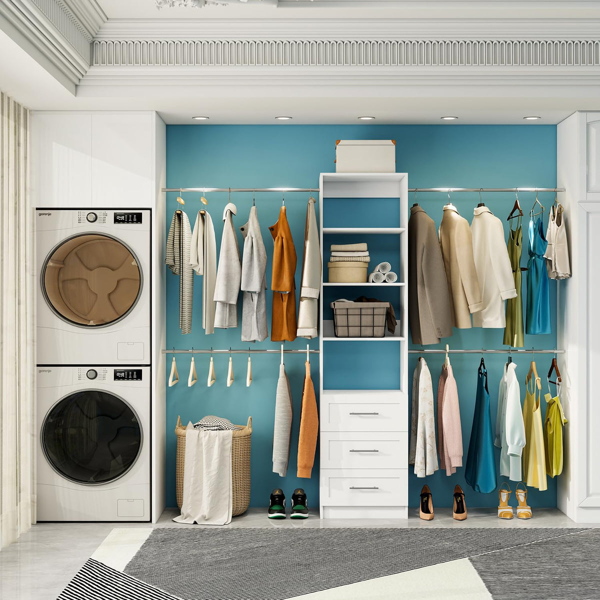 Closet System, 5FT-8FT Closet Organizer System with 3 Wooden Drawers, 99" Walk In Closet Organizer and Storage with 4 Expandable Hanging Rods, Wall Mount, White
