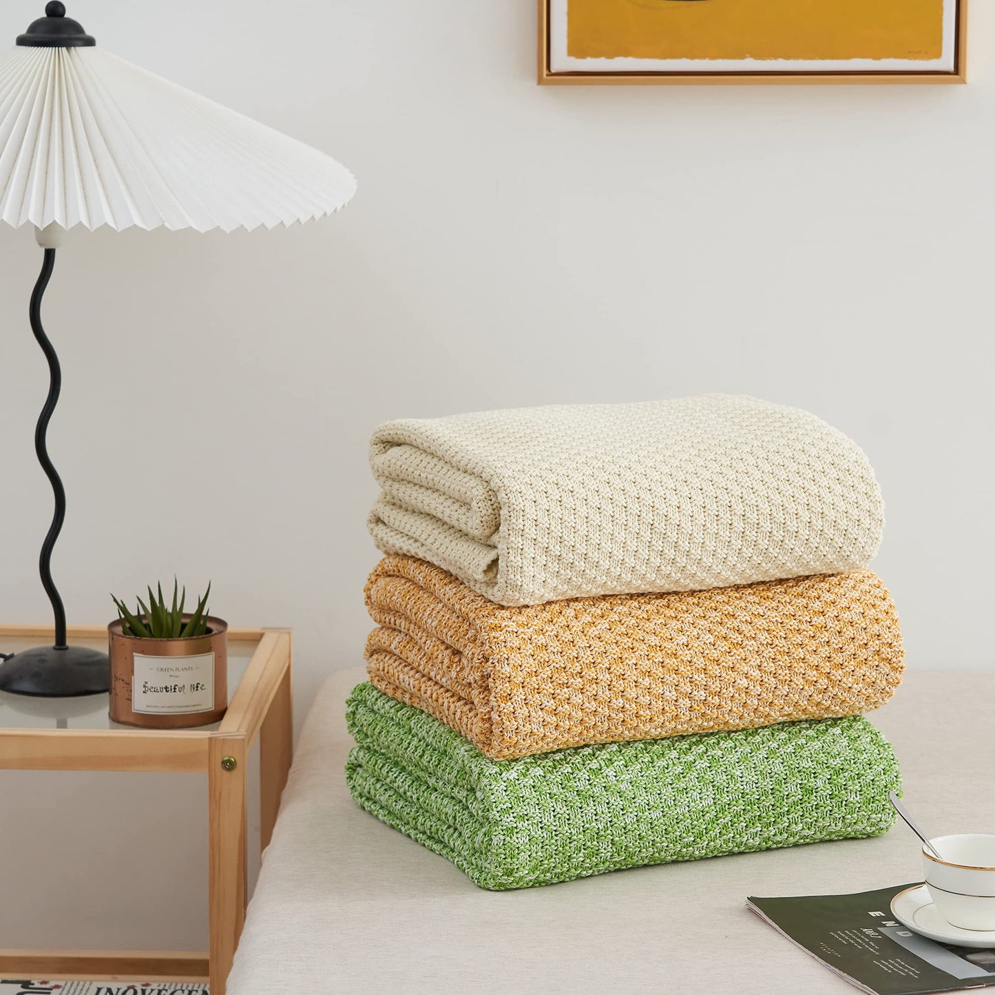 Longhui bedding 100% Cotton Knitted Throw Blanket – Cream, Soft & Cozy, Machine Washable, 60"x80" – Perfect for Living Room, Couch, Sofa, Bed or Travel