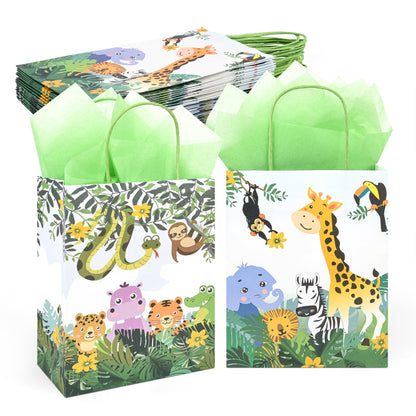 36 Pack Medium Jungle Safari Woodland Animal Themed Paper Gift Bags with Handles and Green Tissue Paper for Birthday Baby Shower Party Favors Goodies Treats, 10x8x4 Inch (2 Assorted Designs)