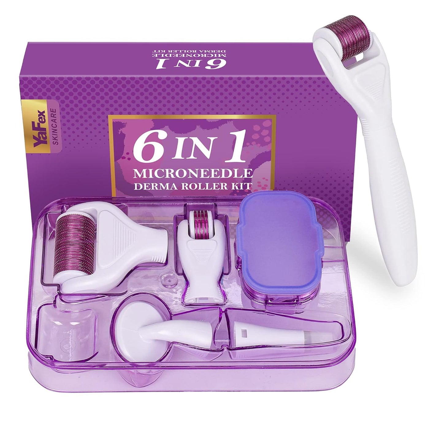 YaFex Derma Roller for Face and Body - 6 in 1 Titanium Microneedling Roller Kit Micro Needle Roller, 300 and 720 Needles 0.25mm,1200 Needles 0.3mm with 5 Replaceable Heads
