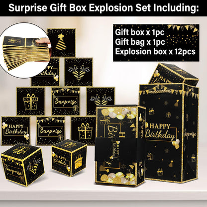 Jacyan Birthday Surprise Gift Box Explosion for Money, Exploding Money Gift Box for Cash Pop up Birthday Money Explosion Box Surprise Party Gift 12 Folding Bounce Boxes for Men Women Kids, Black Gold