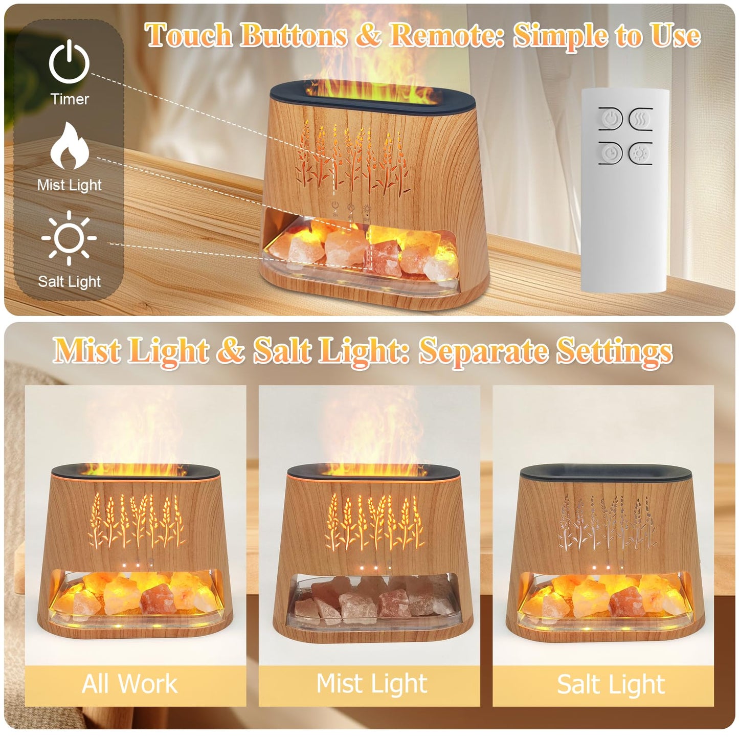 Fireplace Flame Diffuser & Himalayan Salt Lamp, 8 Colors Aromatherapy Diffuser Cool Mist Humidifier with Timer Auto Off Function for Home, Bedroom, Offie,Yoga