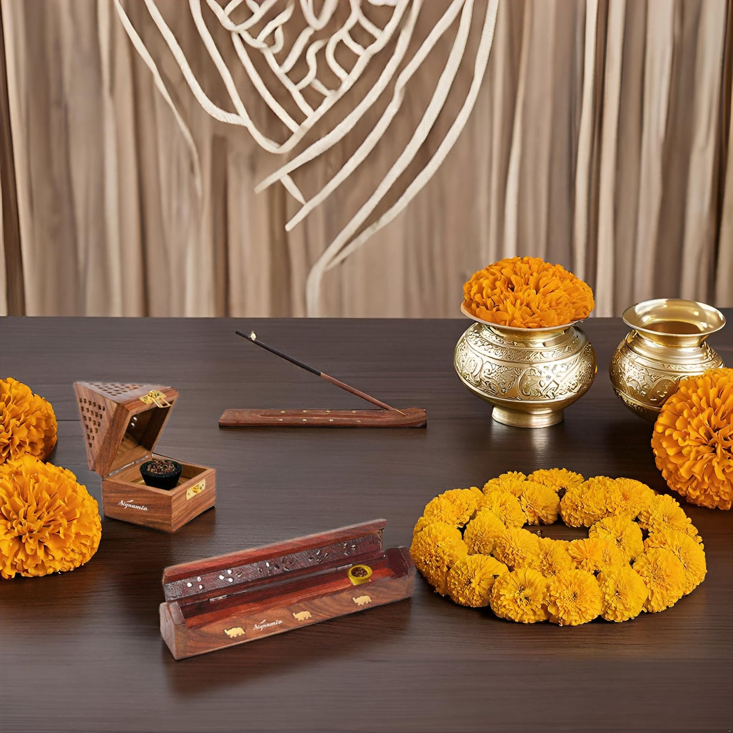 SIGNAMIO® 3 Pcs Premium Wooden Sambrani Dhoop & Incense Stick Agarbatti Holder Set: Agarbatti Stand with Ash Catcher, Pooja Room Decoration Essential, Pooja Thali Accessories, and Mandir Decor Items