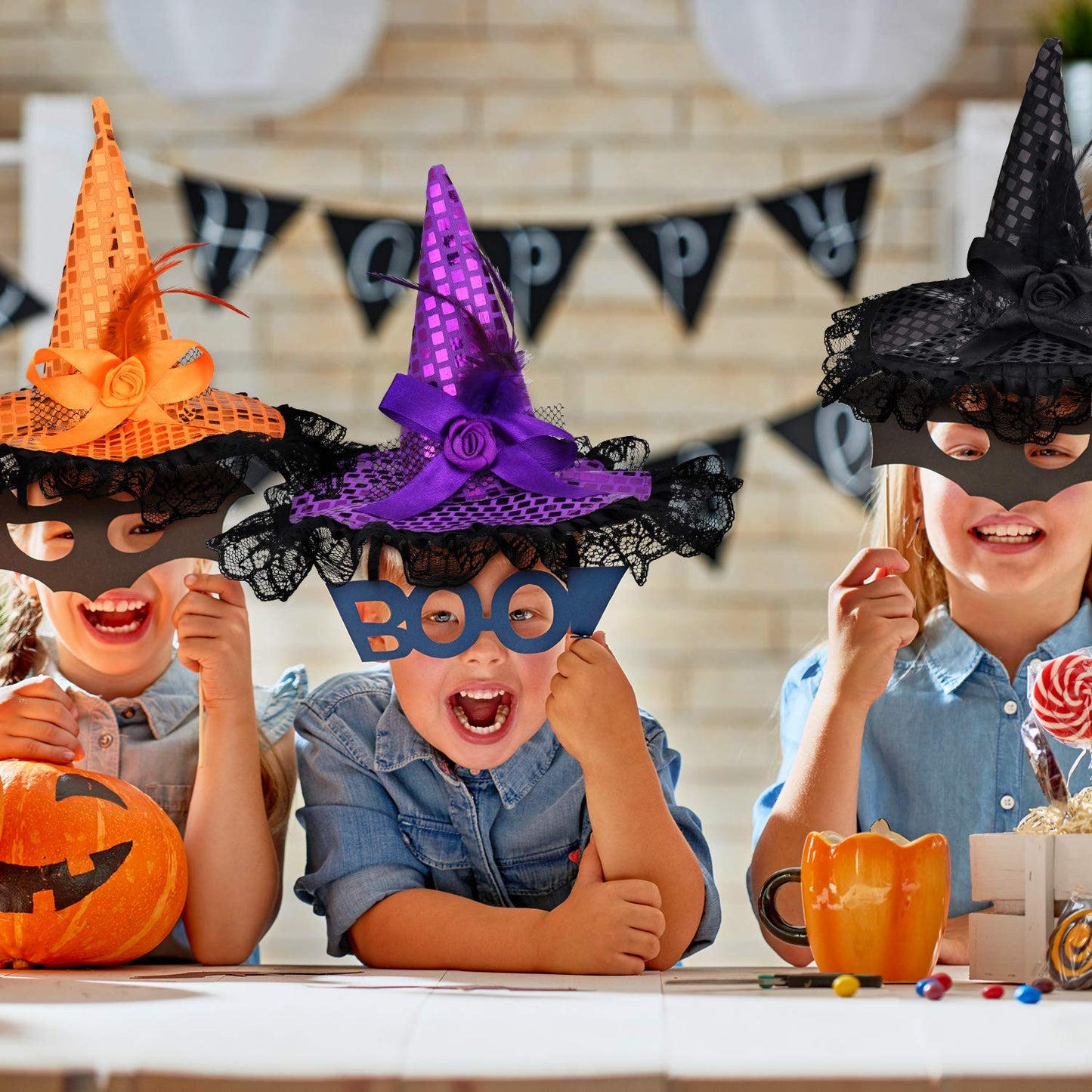 WILLBOND 3 Pieces Witch Hat and Feather Headband for Halloween Costume Dress Accessories, 3 Colors (Orange, Black, Purple)