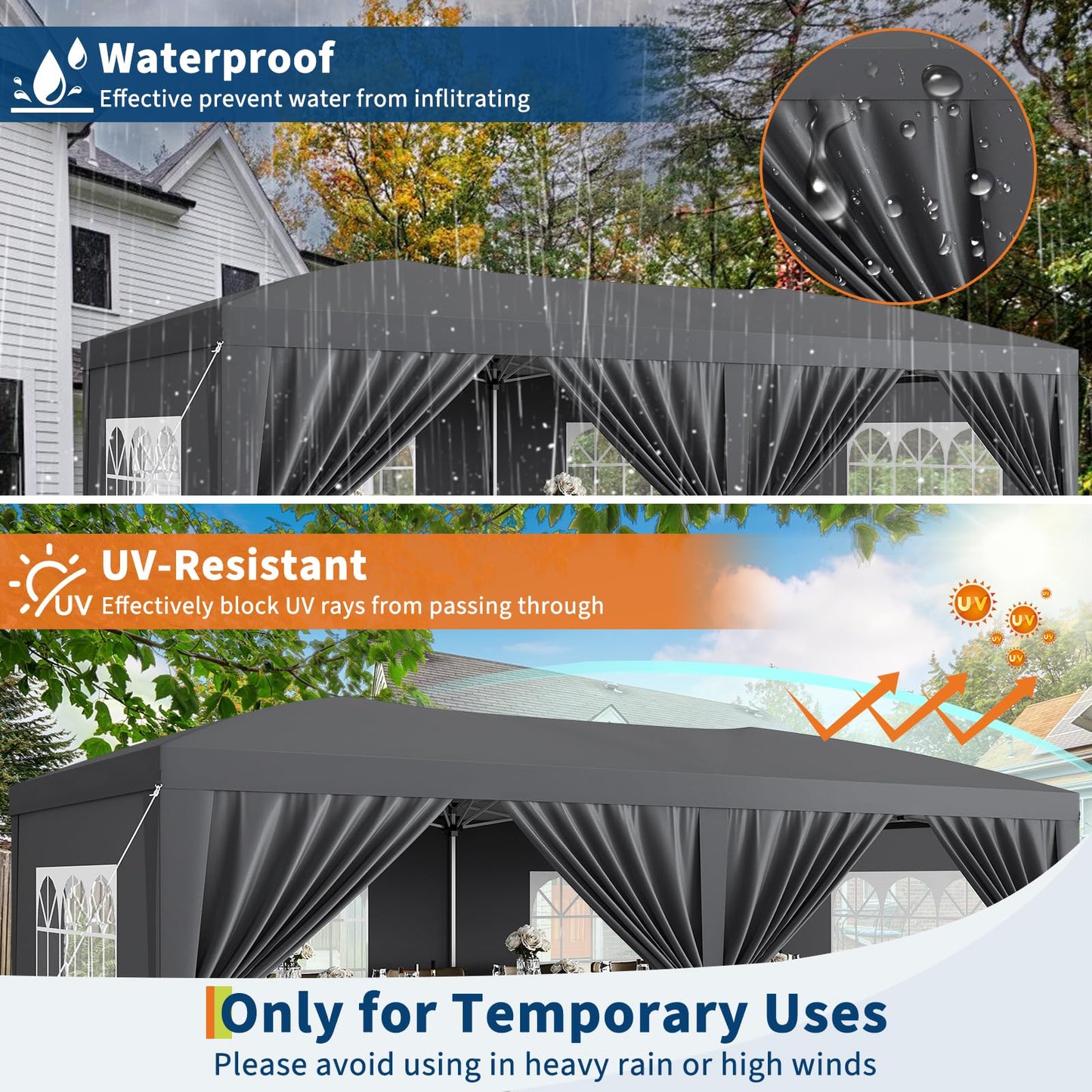 Garvee 10x20 Pop Up Canopy Tent with 6 Removable Sidewalls, Easy Up Commercial Canopy Tents for Parties, Large Heavy Duty Outdoor Canopies with 3 Adjustable Heights, Stakes X18, Ropes X6, Grey