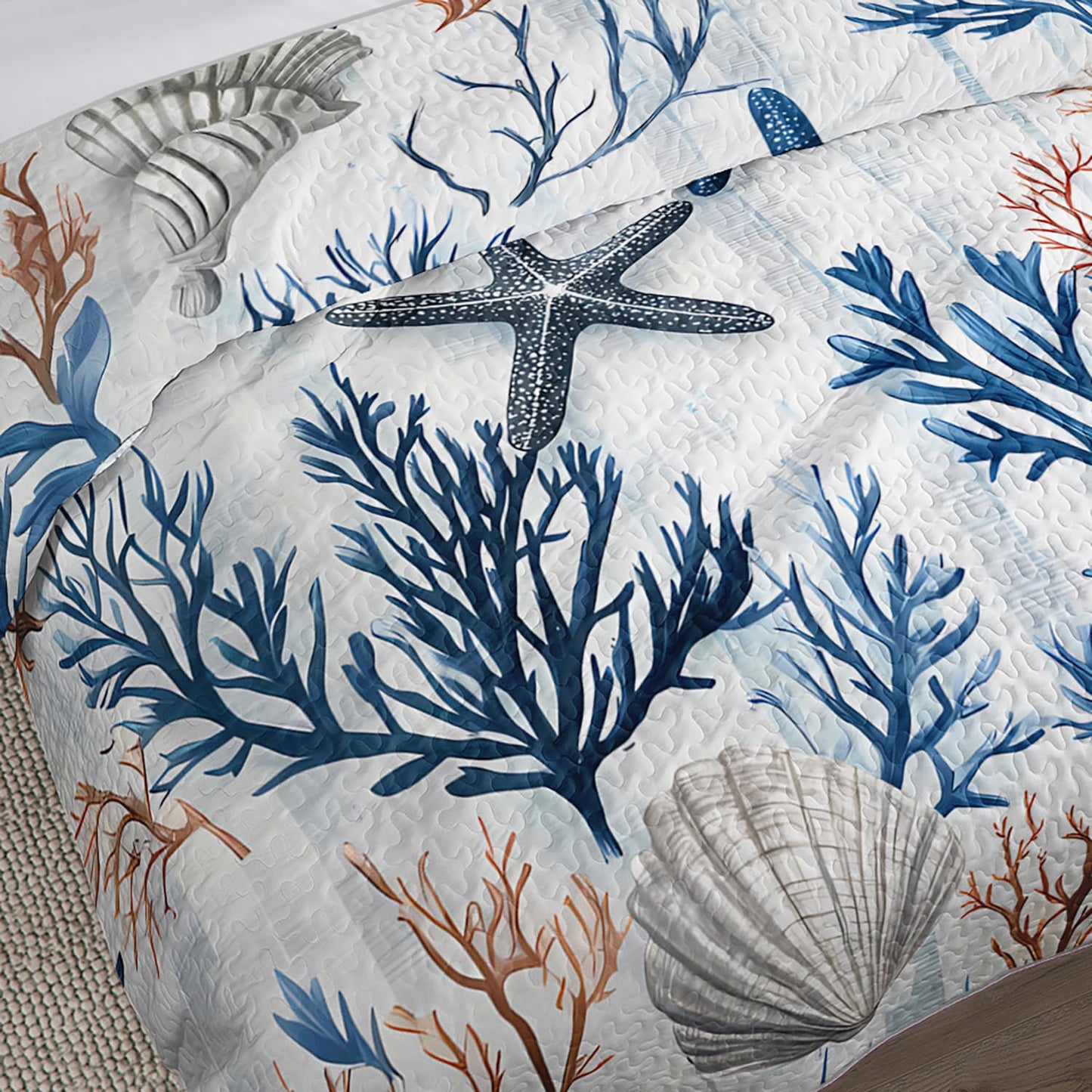 UEVBF Starfish Coastal Bedding Quilt Sets Queen Size,Summer Shell Blue Coral Nautical Bedding Quilt with 2 Pillowcases,Beach Themed Soft Lightweight Quilted Set.