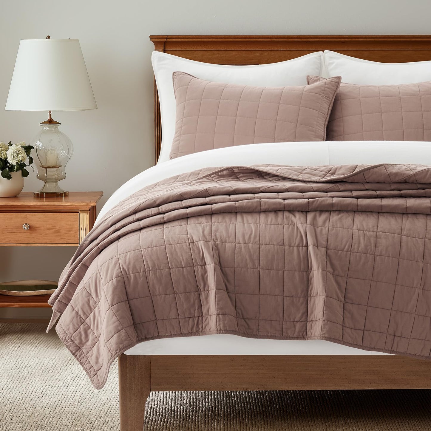EVERGRACEHOME 100% Cotton Box Stitch Quilt Bedding Set King Size 3 Pieces, Garment-Washed Lightweight Soft Cozy Coverlet, Oversized Quilted Bedspread Sets with 2 Shams for All Season, Clay