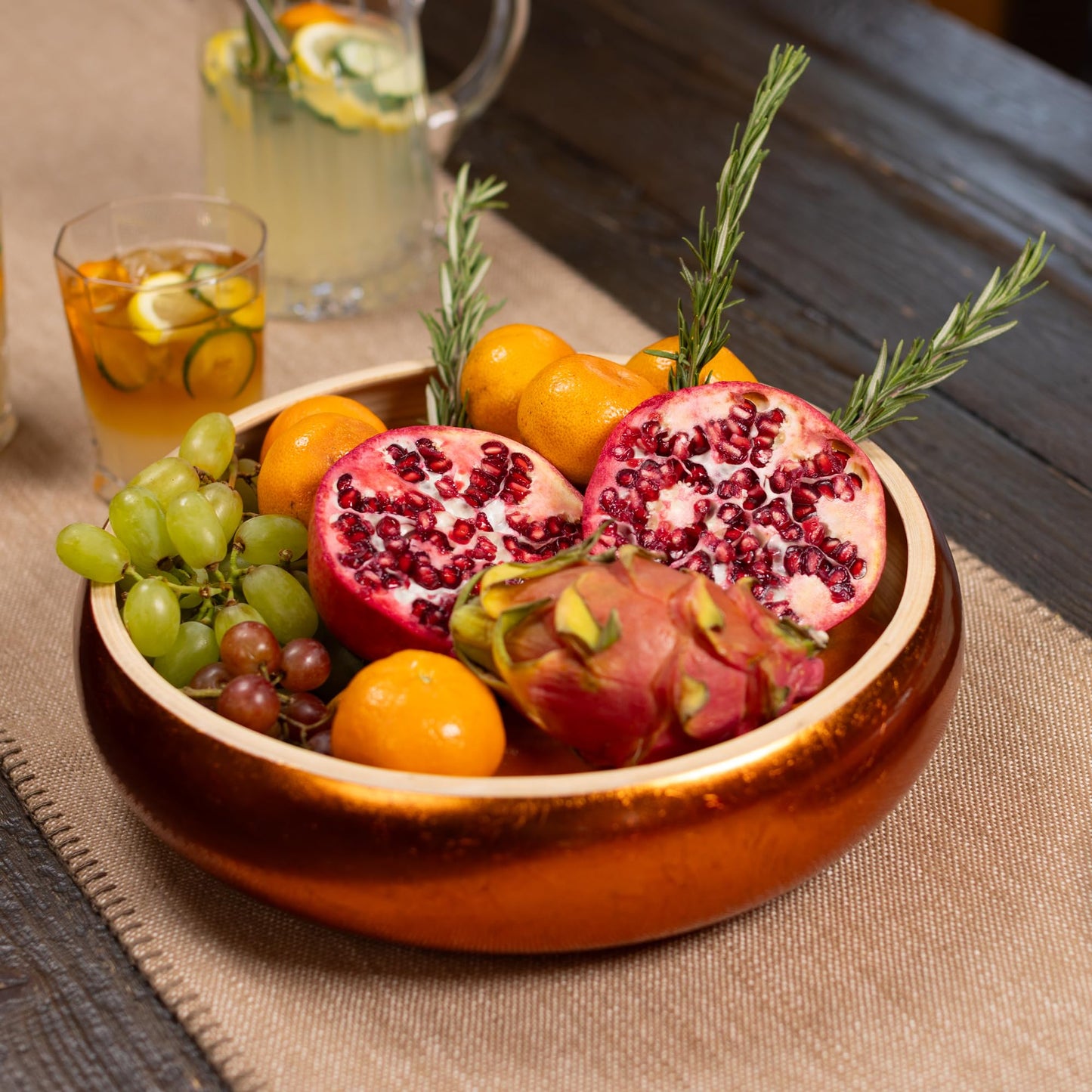 LEXA 12" Handmade Copper Bamboo Wooden Fruit Bowl for Kitchen Counter - 130 oz Lightweight Large Bamboo Wood Salad Bowl