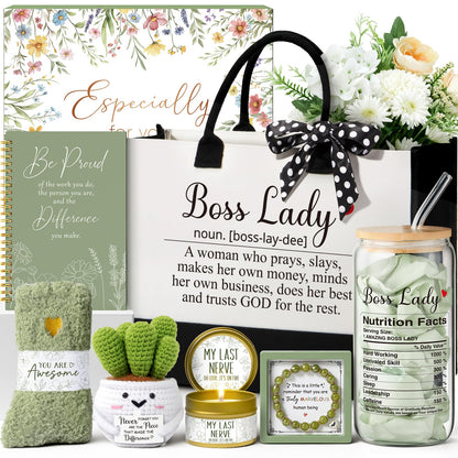 Bosses Gifts for Women, Best Boss Lady Gifts for Women, Unique Appreciation Thank You Mothers Day Easter Birthday Gift Baskets for Boss Female, Going Away Leaving Bosses Day Gift Set w/Canvas Tote Bag