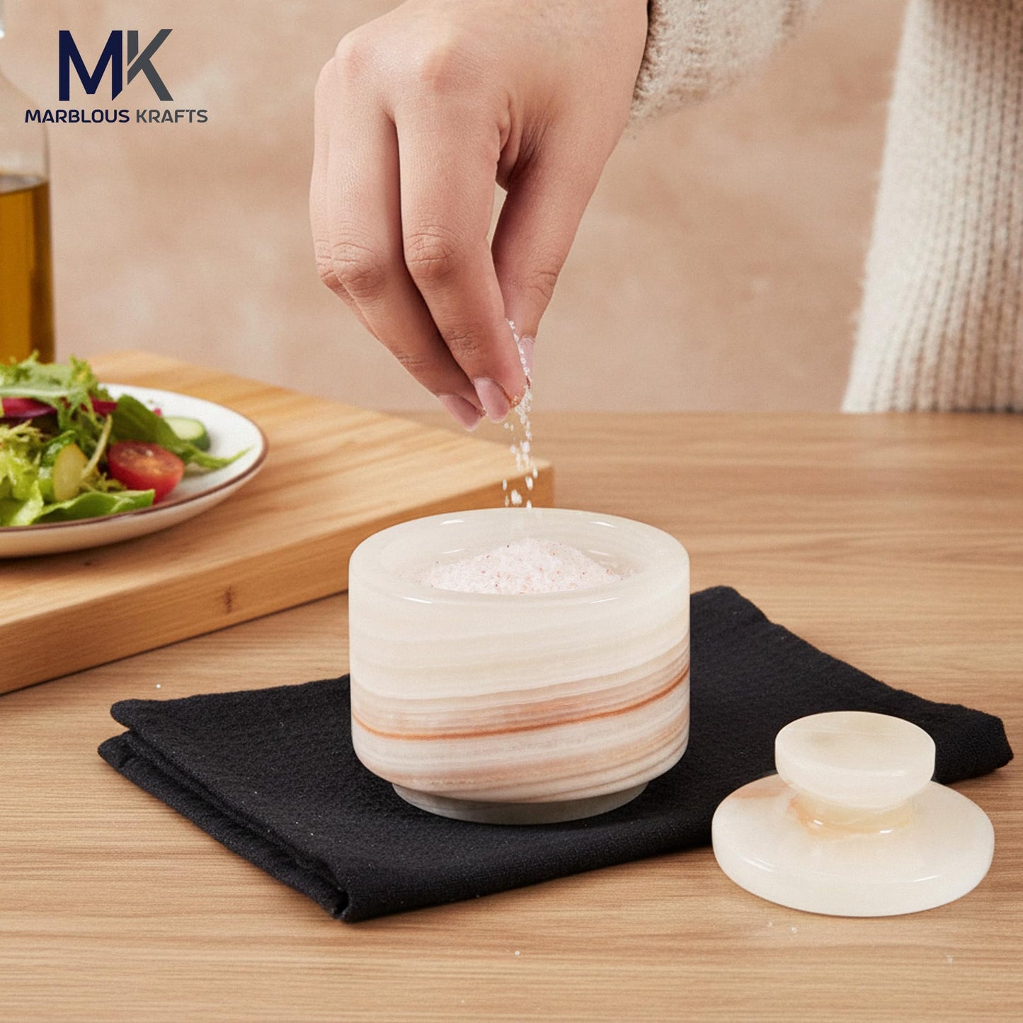 MARBLOUS KRAFTS Marble Salt Cellar with Lid White Onyx and Green Onyx 3" Stone Spice Jar, Perfect for Kitchen Counters, Ideal for Storing Salt, Sugar, and Pepper Bowls